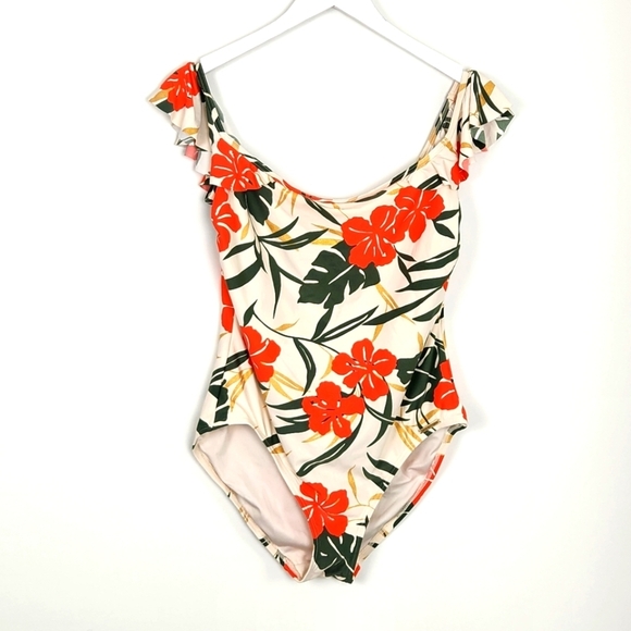 Vince Camuto Swimsuit Off-Shoulder Ruffle Tropical Hibiscus Print One-Piece - Picture 1 of 9